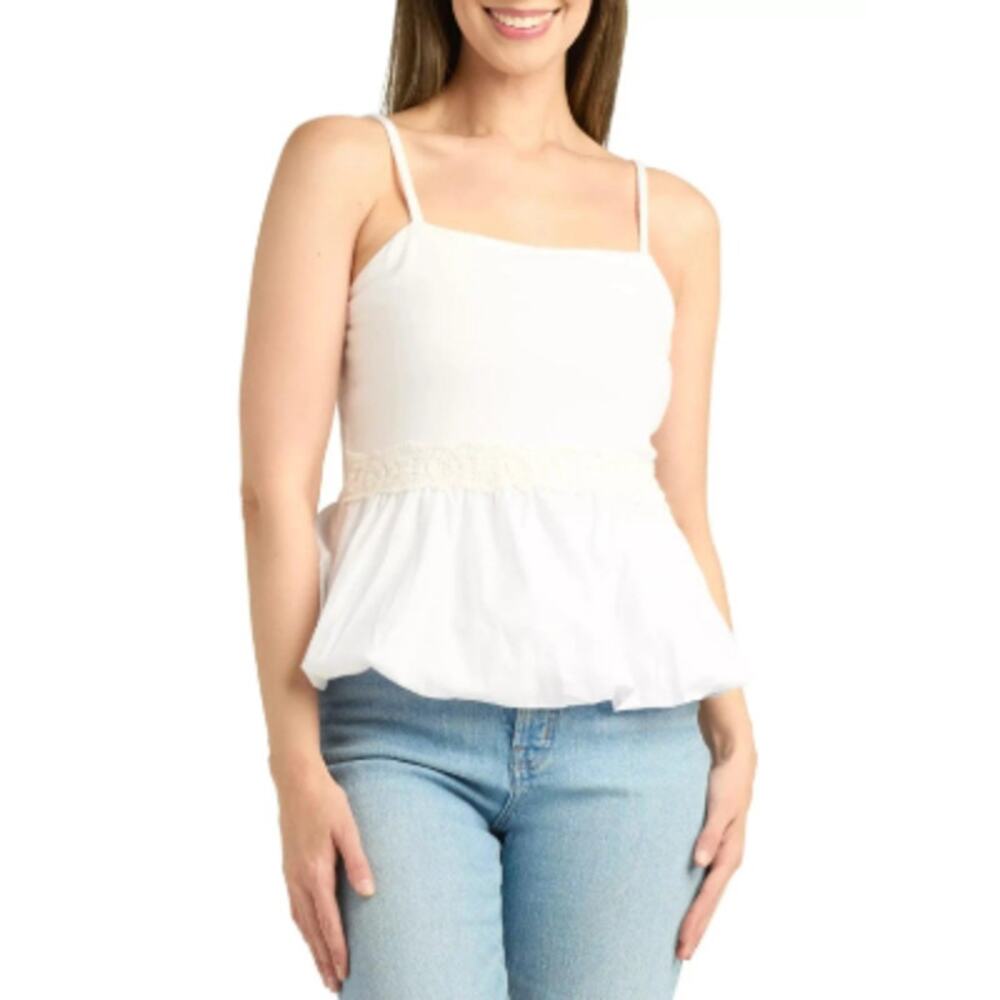 BCX Juniors' Solid Poplin Bubble-Peplum Square-Neck Top M